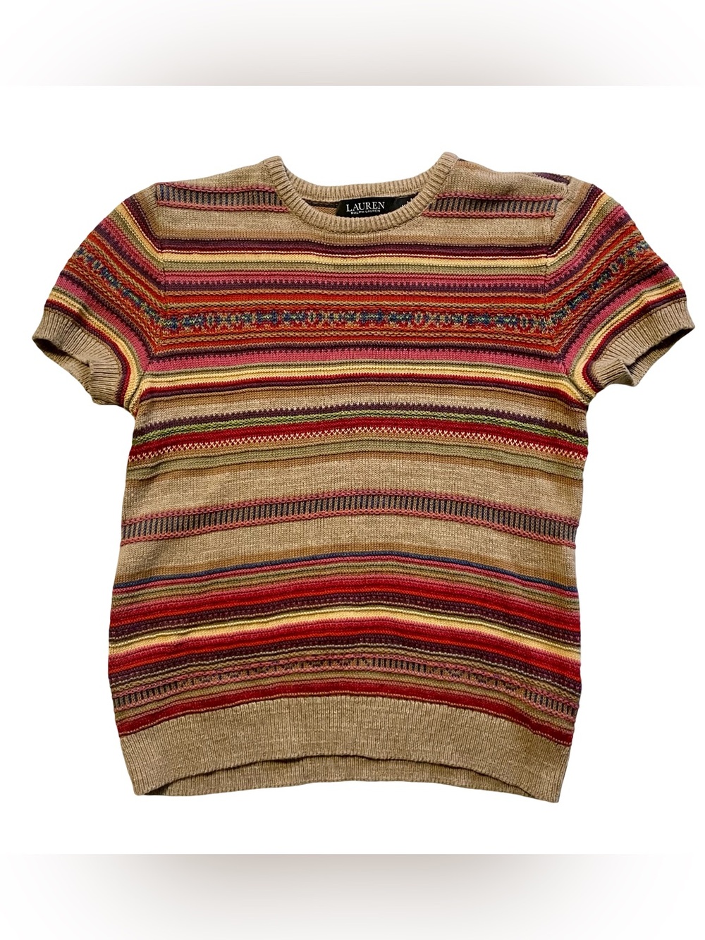 Lauren Ralph Lauren Sunset Striped Short Sleeve Knit Sweater Black Label Size M - Picture 3 of 6
